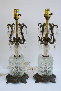 catalog photo of Hollywood regency vintage huge rococo table lamps w/ teardrop prisms, glass & ornate metal 