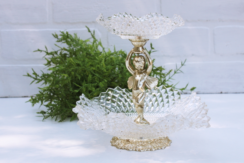 photo of Hollywood regency vintage tiered glass stand w/ gold metal fairy, candy or trinket dish #1