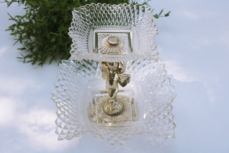 photo of Hollywood regency vintage tiered glass stand w/ gold metal fairy, candy or trinket dish #2