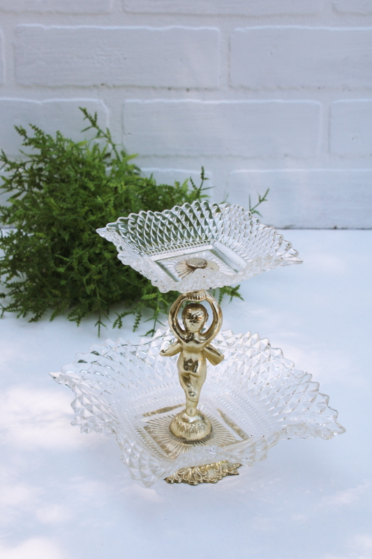 photo of Hollywood regency vintage tiered glass stand w/ gold metal fairy, candy or trinket dish #6