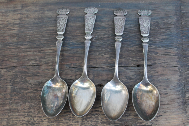 photo of Holmes Booth & Haydens antique silver plate teaspoons, rare Corona pattern w/ birds, 1880s japonesque aesthetic  #1