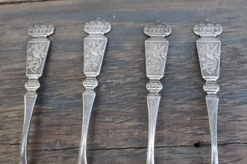 photo of Holmes Booth & Haydens antique silver plate teaspoons, rare Corona pattern w/ birds, 1880s japonesque aesthetic #2