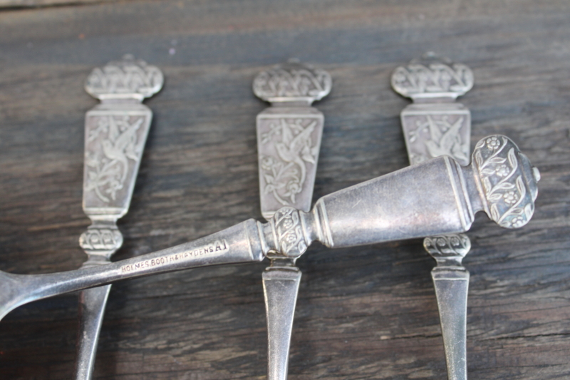 photo of Holmes Booth & Haydens antique silver plate teaspoons, rare Corona pattern w/ birds, 1880s japonesque aesthetic #3