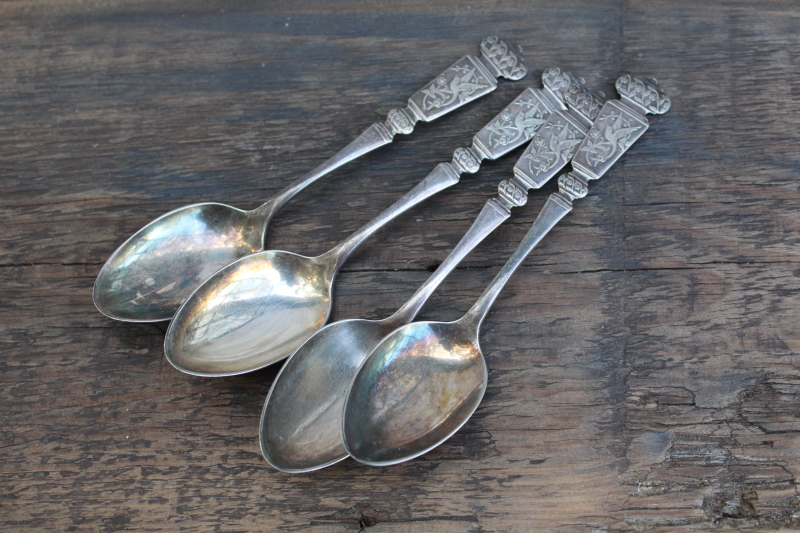 photo of Holmes Booth & Haydens antique silver plate teaspoons, rare Corona pattern w/ birds, 1880s japonesque aesthetic #5