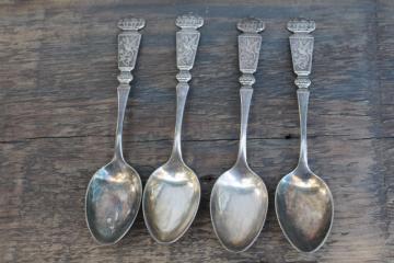 catalog photo of Holmes Booth & Haydens antique silver plate teaspoons, rare Corona pattern w/ birds, 1880s japonesque aesthetic 