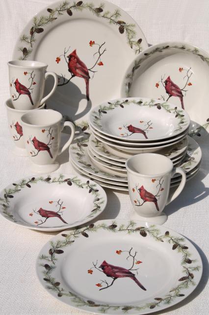 photo of Home Goods Sonoma stoneware, red cardinal bird in winter Christmas holiday dinnerware #1