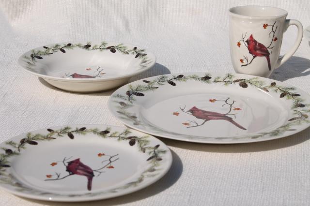 photo of Home Goods Sonoma stoneware, red cardinal bird in winter Christmas holiday dinnerware #2