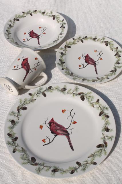 photo of Home Goods Sonoma stoneware, red cardinal bird in winter Christmas holiday dinnerware #3