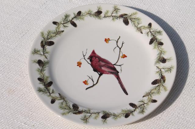 photo of Home Goods Sonoma stoneware, red cardinal bird in winter Christmas holiday dinnerware #4