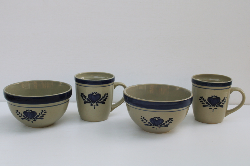 photo of Home Sweet Home Salt Glaze stoneware 80s 90s vintage China, country blue hearts on tan, big mugs & soup bowls #1