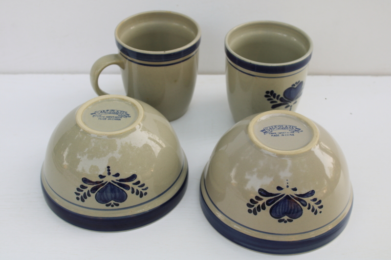 photo of Home Sweet Home Salt Glaze stoneware 80s 90s vintage China, country blue hearts on tan, big mugs & soup bowls  #6