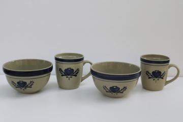 catalog photo of Home Sweet Home Salt Glaze stoneware 80s 90s vintage China, country blue hearts on tan, big mugs & soup bowls 
