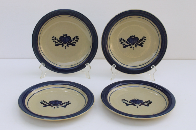 photo of Home Sweet Home Salt Glaze stoneware country blue hearts on tan, set of 4 salad plates 80s 90s vintage China #1
