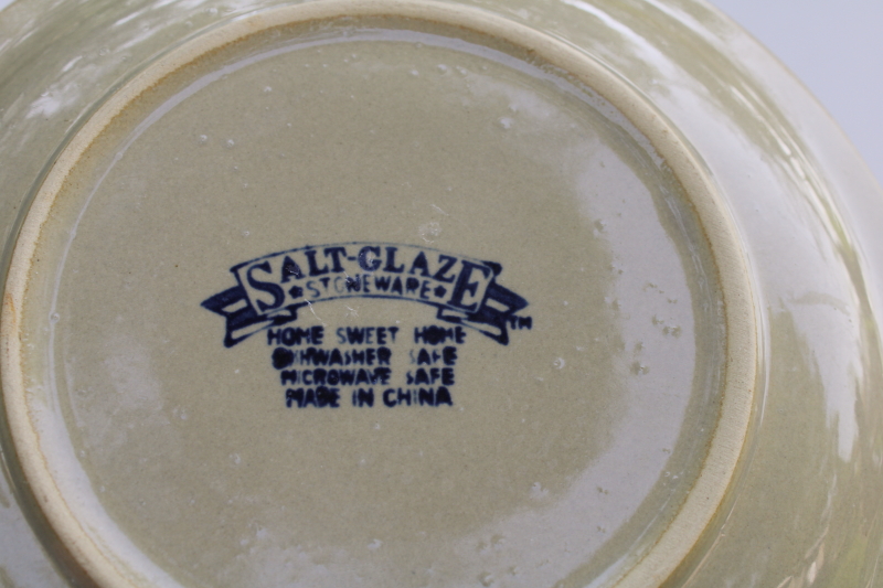photo of Home Sweet Home Salt Glaze stoneware country blue hearts on tan, set of 4 salad plates 80s 90s vintage China  #2