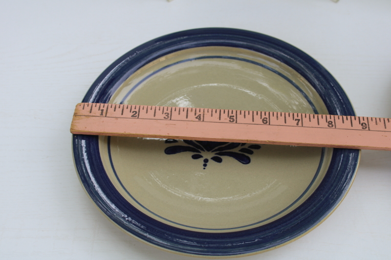 photo of Home Sweet Home Salt Glaze stoneware country blue hearts on tan, set of 4 salad plates 80s 90s vintage China  #3