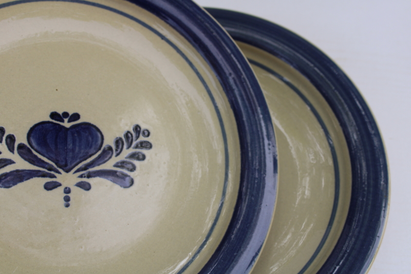 photo of Home Sweet Home Salt Glaze stoneware country blue hearts on tan, set of 4 salad plates 80s 90s vintage China  #4