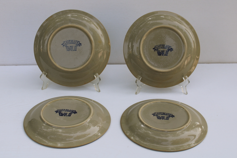 photo of Home Sweet Home Salt Glaze stoneware country blue hearts on tan, set of 4 salad plates 80s 90s vintage China  #5