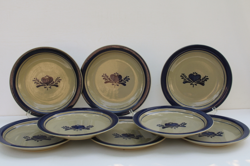 photo of Home Sweet Home Salt Glaze stoneware country blue hearts on tan, set of 8 dinner plates 80s 90s vintage China #1