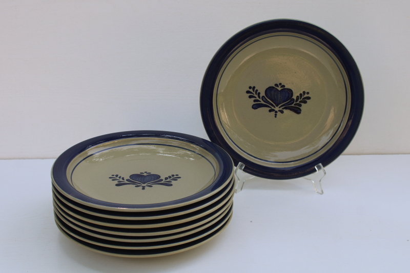 photo of Home Sweet Home Salt Glaze stoneware country blue hearts on tan, set of 8 dinner plates 80s 90s vintage China  #2
