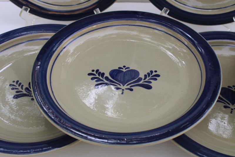 photo of Home Sweet Home Salt Glaze stoneware country blue hearts on tan, set of 8 dinner plates 80s 90s vintage China  #3