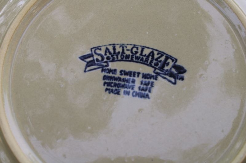 photo of Home Sweet Home Salt Glaze stoneware country blue hearts on tan, set of 8 dinner plates 80s 90s vintage China  #4