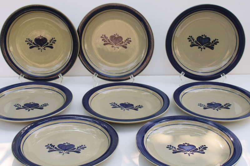 photo of Home Sweet Home Salt Glaze stoneware country blue hearts on tan, set of 8 dinner plates 80s 90s vintage China  #5