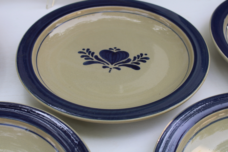 photo of Home Sweet Home Salt Glaze stoneware country blue hearts on tan, set of 8 dinner plates 80s 90s vintage China  #6