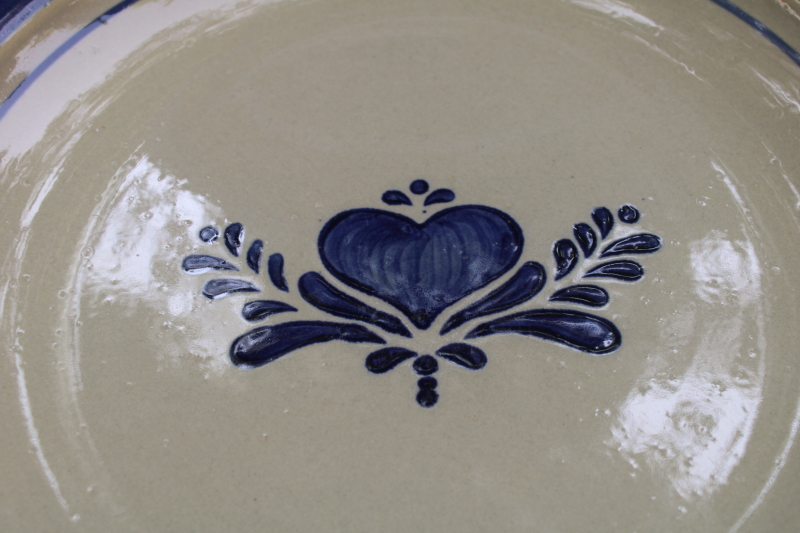 photo of Home Sweet Home Salt Glaze stoneware country blue hearts on tan, set of 8 dinner plates 80s 90s vintage China  #7