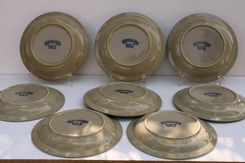 photo of Home Sweet Home Salt Glaze stoneware country blue hearts on tan, set of 8 dinner plates 80s 90s vintage China  #9