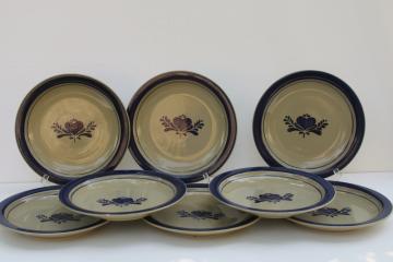 catalog photo of Home Sweet Home Salt Glaze stoneware country blue hearts on tan, set of 8 dinner plates 80s 90s vintage China 