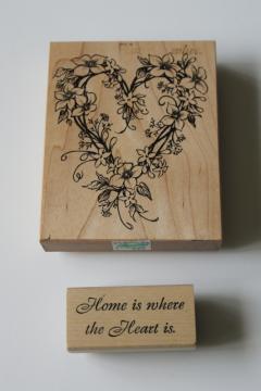 catalog photo of Home is where the heart is & flower heart wreath design rubber stamps, modern farmhouse style 