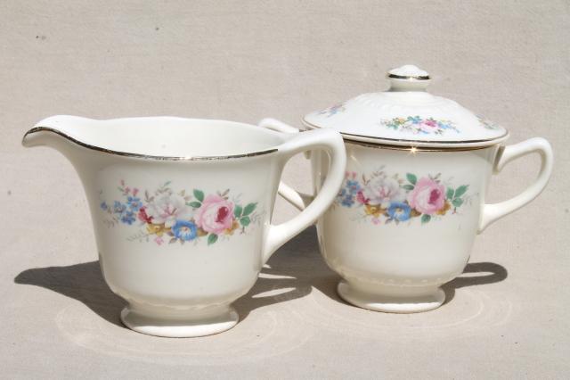 photo of Homer Laughlin china cream & sugar, rose leaf, pink roses, blue morning glory, forget-me-nots #1