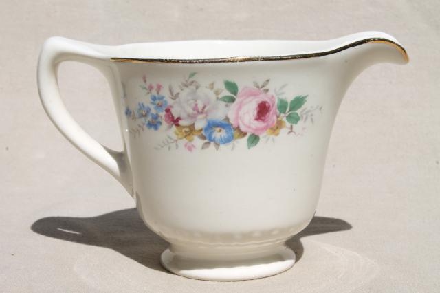 photo of Homer Laughlin china cream & sugar, rose leaf, pink roses, blue morning glory, forget-me-nots #3