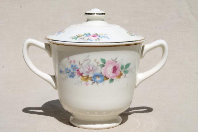 photo of Homer Laughlin china cream & sugar, rose leaf, pink roses, blue morning glory, forget-me-nots #4