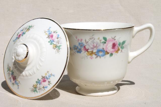 photo of Homer Laughlin china cream & sugar, rose leaf, pink roses, blue morning glory, forget-me-nots #5