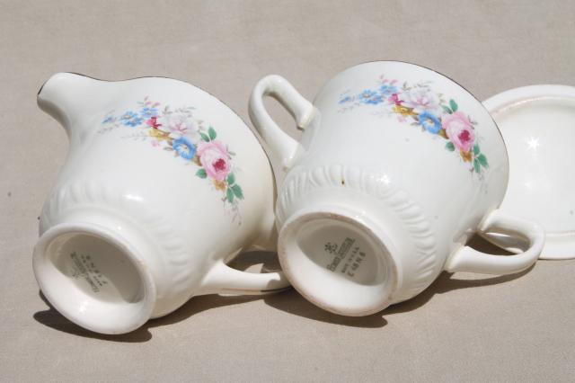 photo of Homer Laughlin china cream & sugar, rose leaf, pink roses, blue morning glory, forget-me-nots #7