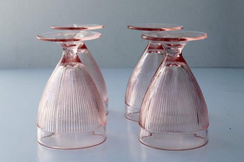 photo of Homespun pink depression juice glasses, vintage Jeannette glass fine rib footed glasses #3