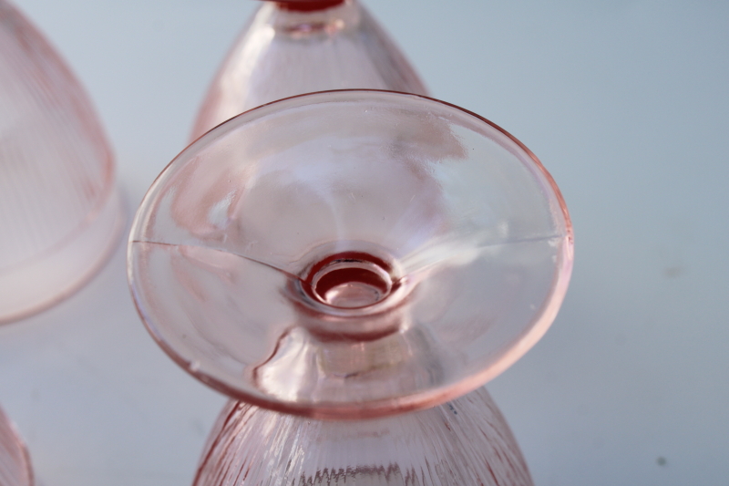 photo of Homespun pink depression juice glasses, vintage Jeannette glass fine rib footed glasses #4