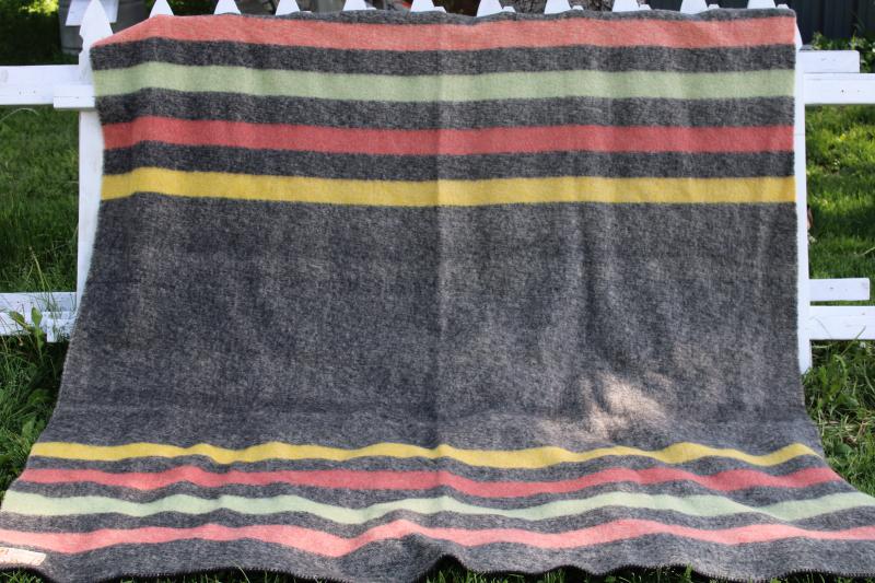 photo of Hudson Bay style striped wool camp blanket, unused vintage Orr Health blanket candy stripe on grey #1