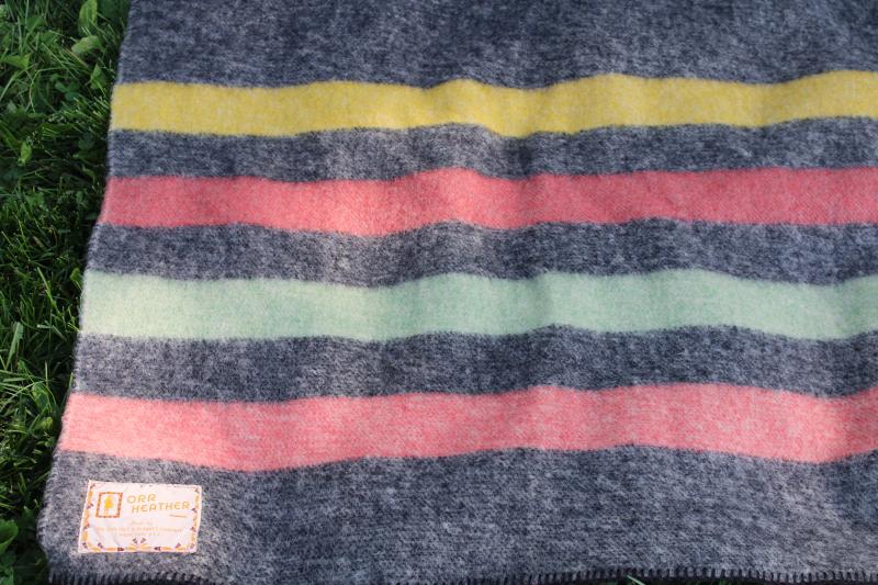 photo of Hudson Bay style striped wool camp blanket, unused vintage Orr Health blanket candy stripe on grey #2