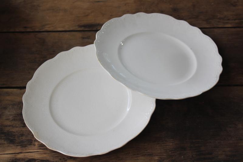 photo of Hudson pattern antique Homer Laughlin white china plates, embossed scalloped border #1