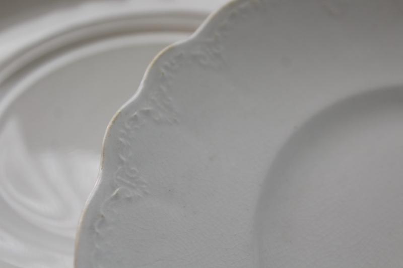 photo of Hudson pattern antique Homer Laughlin white china plates, embossed scalloped border #2