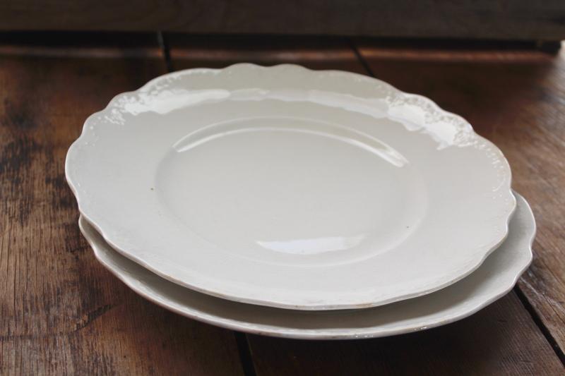 photo of Hudson pattern antique Homer Laughlin white china plates, embossed scalloped border #6