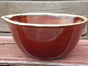 catalog photo of Hull Oven Proof brown drip pottery mixing bowl w/ lip pouring spout