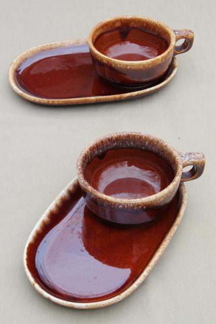 photo of Hull brown drip glaze pottery soup mugs & snack tray plates, soup & sandwich sets #1