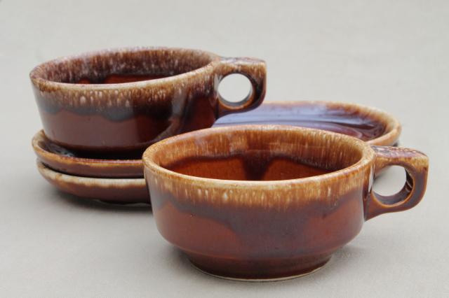 photo of Hull brown drip glaze pottery soup mugs & snack tray plates, soup & sandwich sets #3