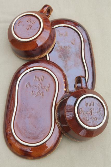 photo of Hull brown drip glaze pottery soup mugs & snack tray plates, soup & sandwich sets #5