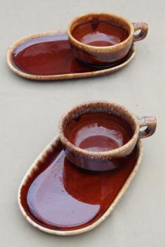 catalog photo of Hull brown drip glaze pottery soup mugs & snack tray plates, soup & sandwich sets