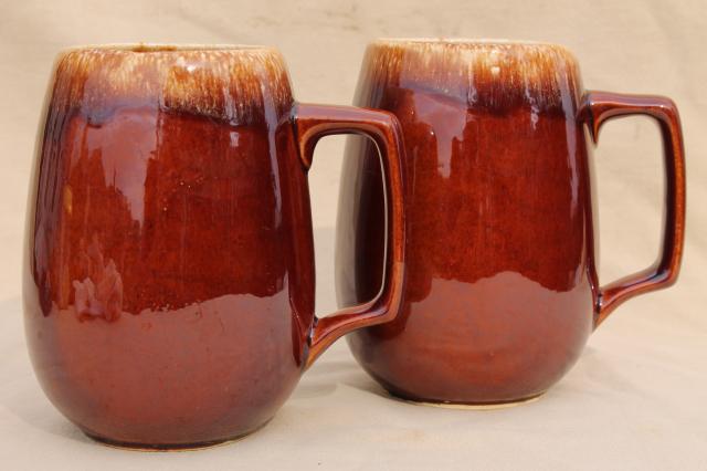 photo of Hull brown drip pottery - pair large beer steins, grand mugs or tavern cups for cider #1