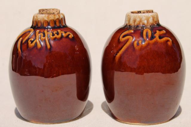 photo of Hull pottery mirror brown drip glaze salt and pepper shakers, vintage S&P set #1